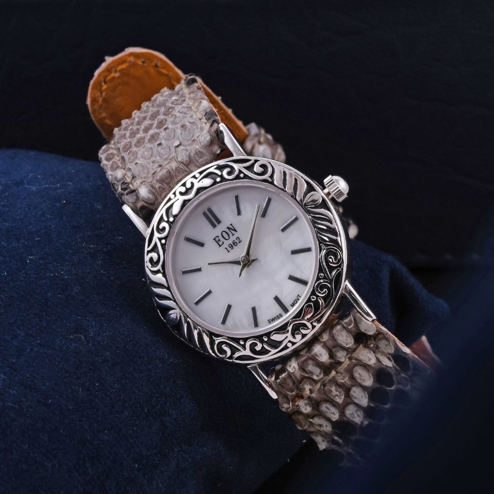 Sterling Silver Watch With Python Leather Strap
